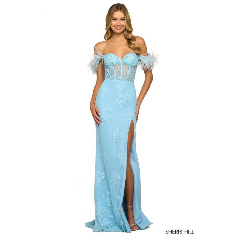 Sherri Hill Fitted Lace With Feathered Shoulder Sleeves Size 2